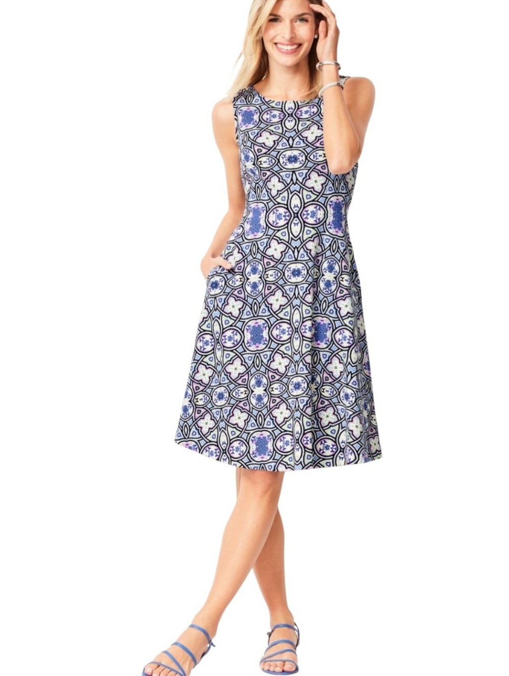 Talbots Edie Blue & Purple Sleeveless Fit & Flare Dress Size Large